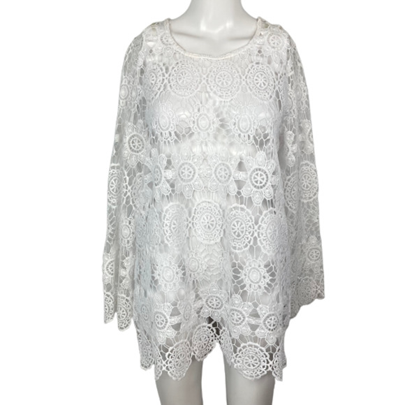 Anne Klein Sweater Womens Sz S White Crochet Lace Round Neck‎ Tunic Pullover - Picture 1 of 9